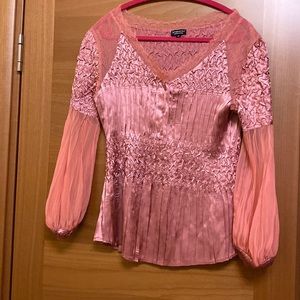 Komarov Printed Pleated Lace Sleeve Tunic Top